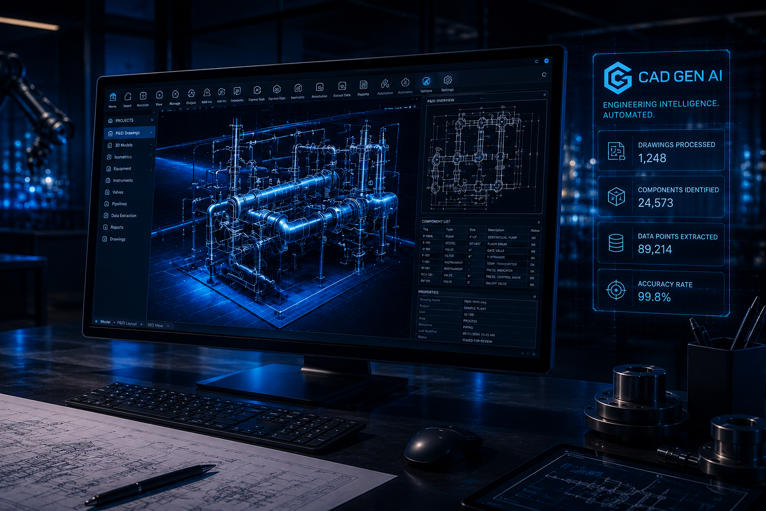 Engineering workstation with dual monitors displaying CAD software
